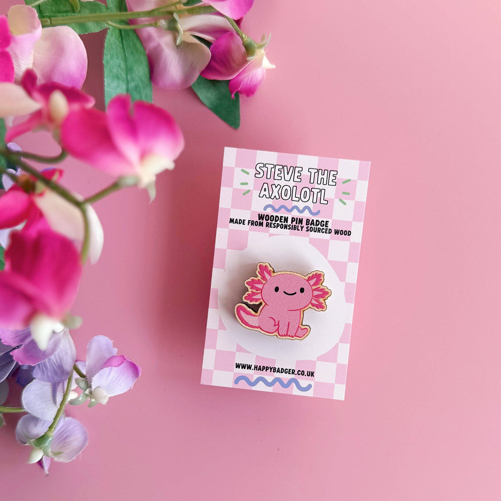 Steve The Axolotl Wooden Pin Badge