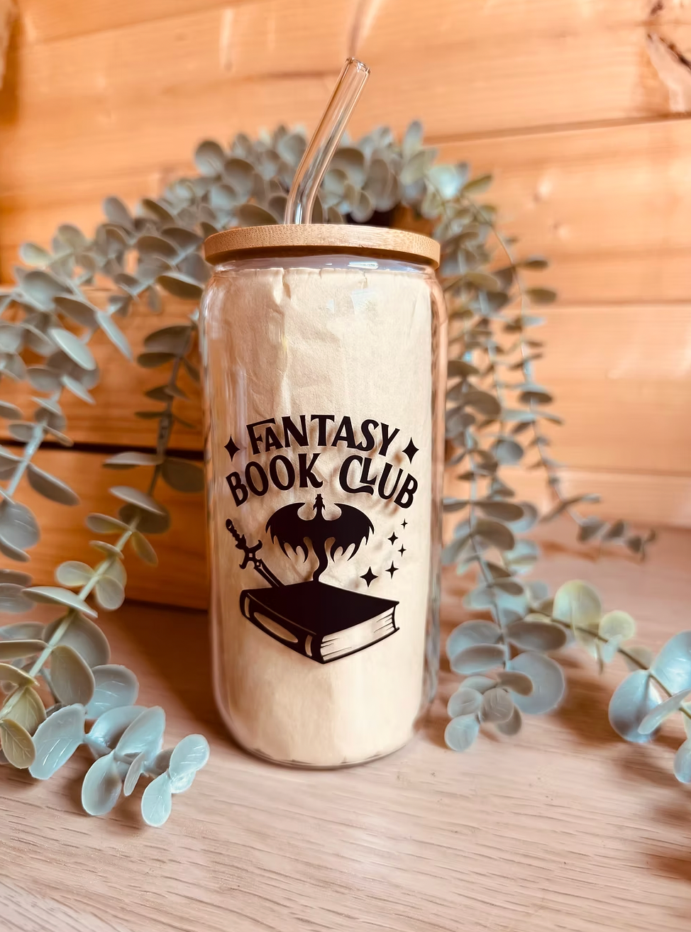 Fantasy book club glass with lid and straw